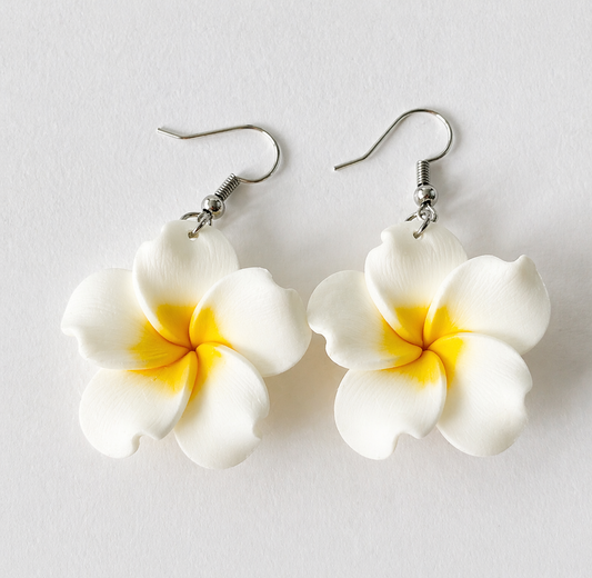 White Plumeria Flower Drop Earrings