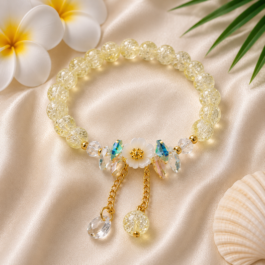 Yellow Crystal Beaded Bracelet with Floral Charm
