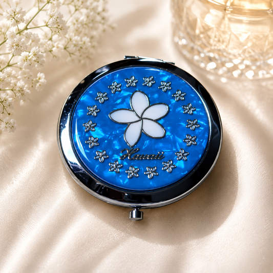 Hawaiian White and Golden Plumeria Compact Mirror with Blue Background – Elegant Pocket Makeup Mirror