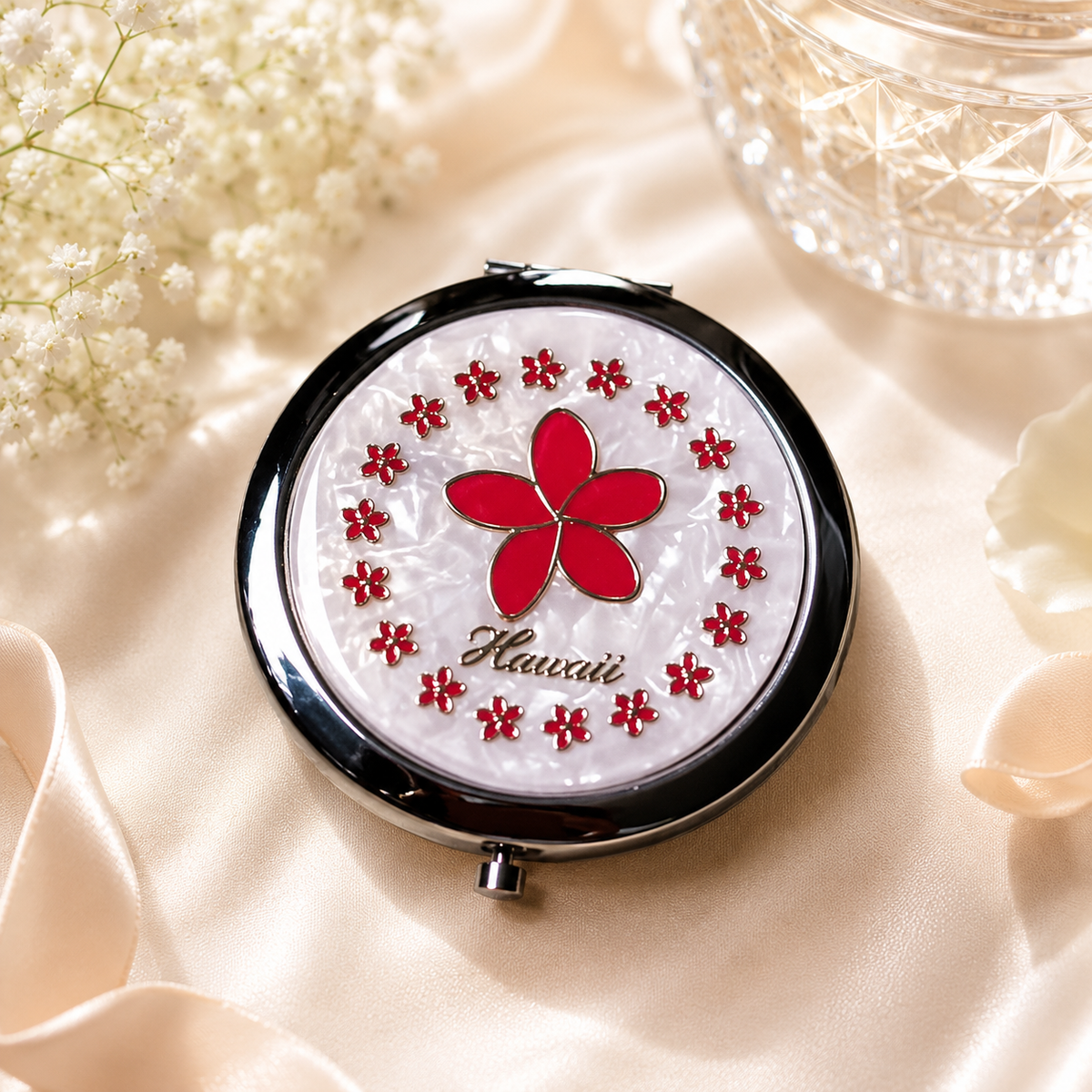 Hawaiian Red Plumeria with Golden Background Compact Makeup Mirror – Elegant Travel Pocket Mirror