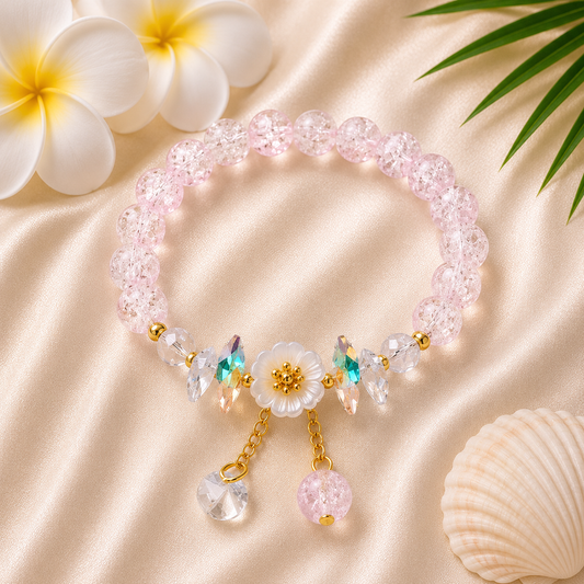 Light Pink Crystal Beaded Bracelet with Floral Charm
