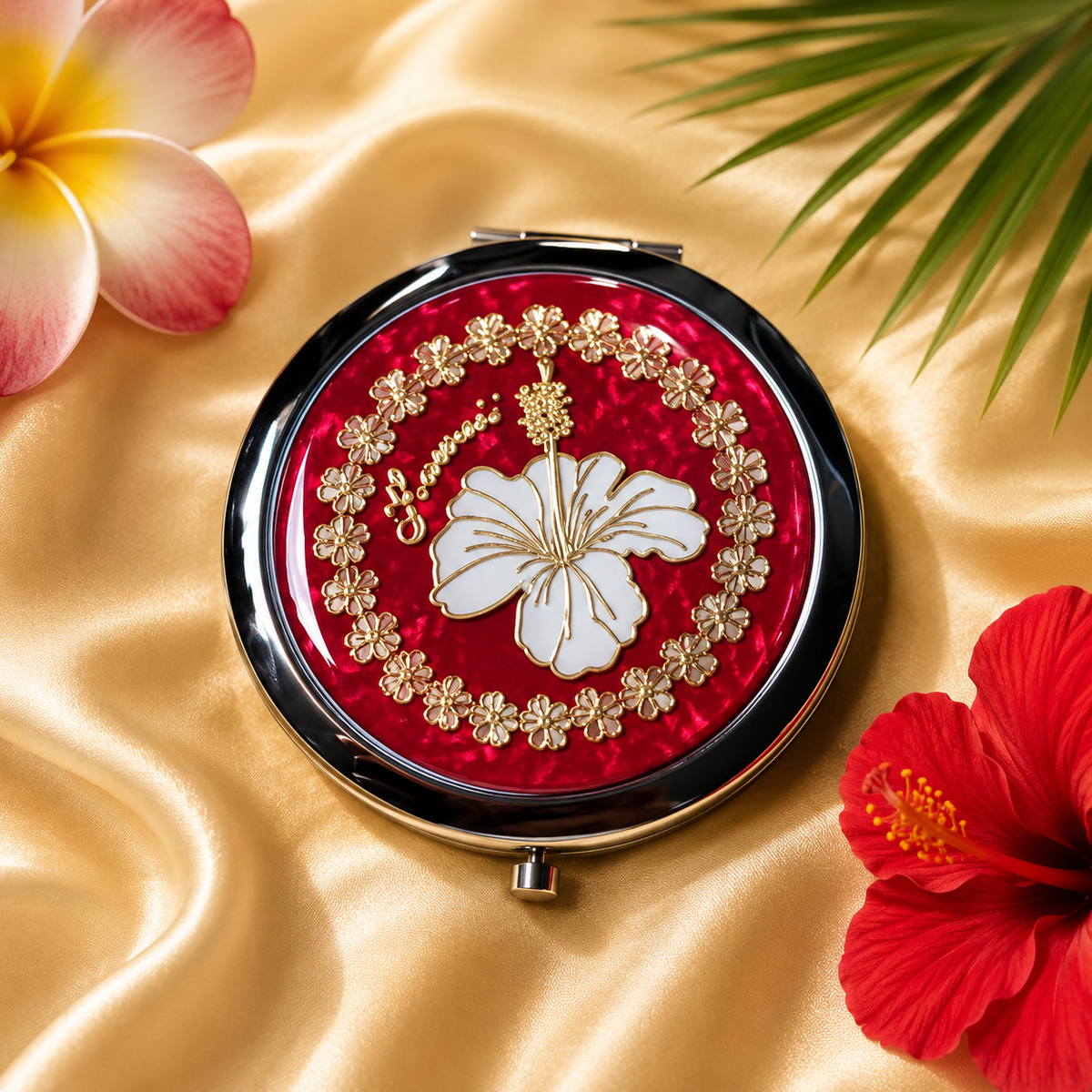 Hawaiian Hibiscus White and Gold Compact Mirror with Red background - Elegant and Portable Makeup Mirror