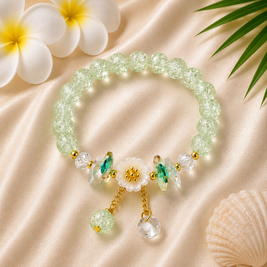 Green Crystal Beaded Bracelet with Floral Charm