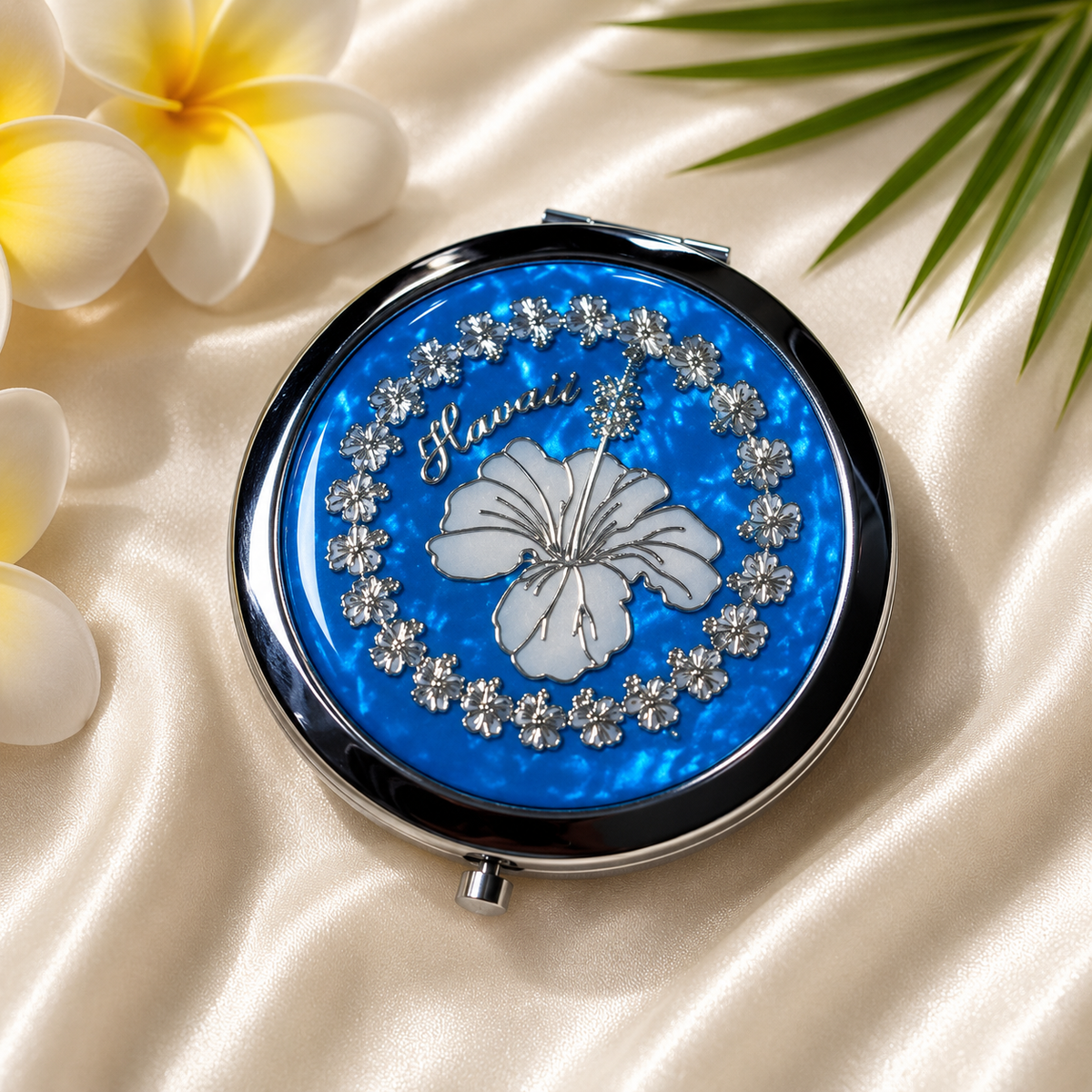Hawaiian Hibiscus Silver Compact Mirror with Blue background - Elegant and Portable Makeup Mirror