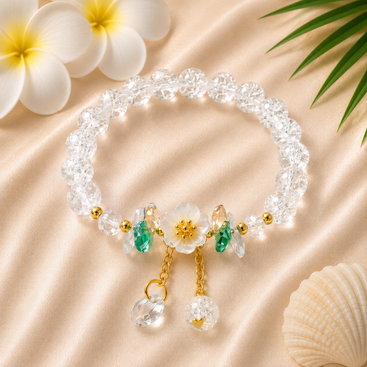Clear Crystal Beaded Bracelet with Floral Charm