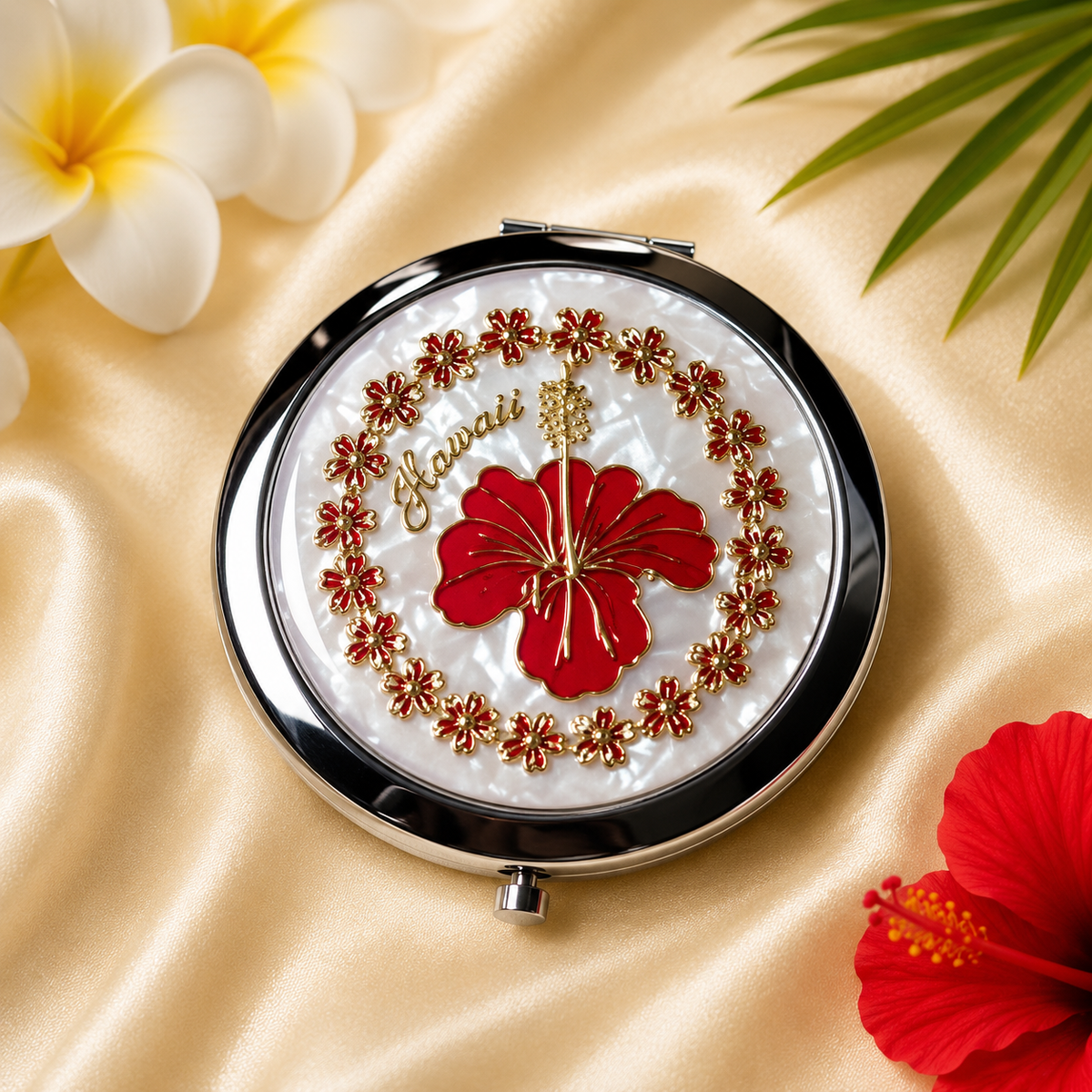 Hawaiian Hibiscus Red Compact Mirror with Golden White background - Elegant and Portable Makeup Mirror