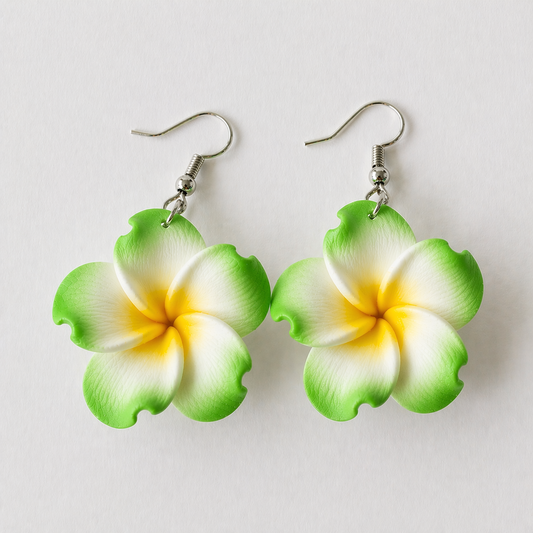Green Plumeria Flower Drop Earrings