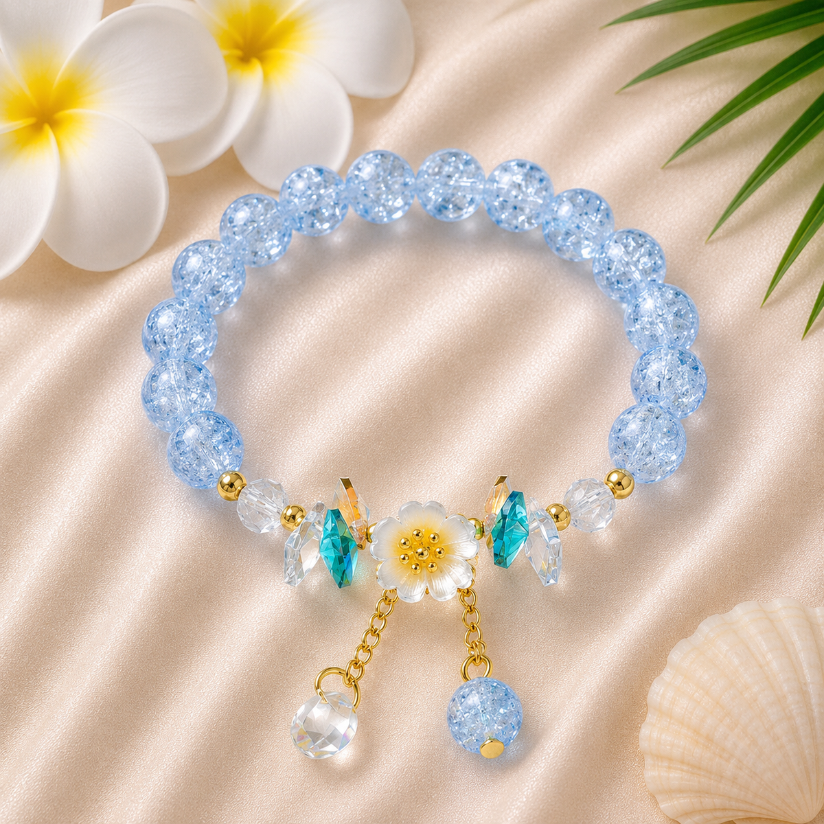 Blue Crystal Beaded Bracelet with Floral Charm