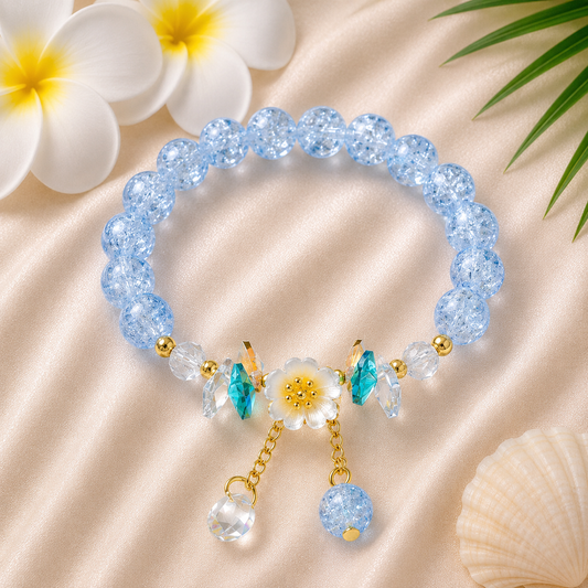 Blue Crystal Beaded Bracelet with Floral Charm