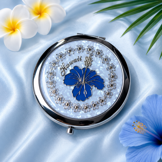 Hawaiian Hibiscus Blue Compact Mirror with Light Blue background - Elegant and Portable Makeup Mirror
