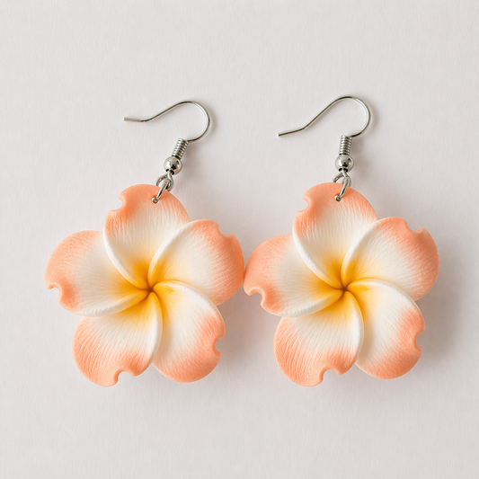Peach Plumeria Flower Drop Earrings