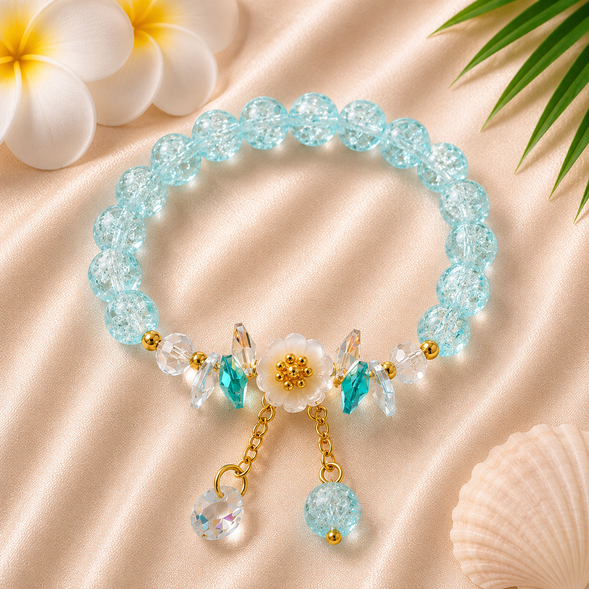 Aqua Blue Crystal Beaded Bracelet with Floral Charm