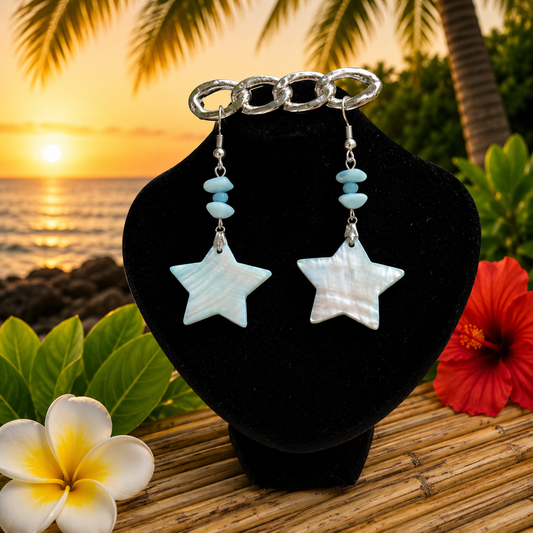 Hawaiian Jewelry White Star Shaped Shell Dangle Earrings with Stainless Steel Hooks