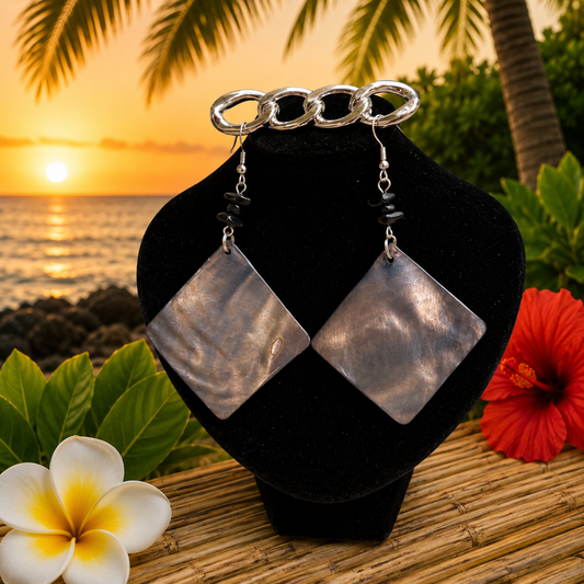 Hawaiian Jewelry Gray Square Shaped Shell Dangle Earrings with Stainless Steel Hooks