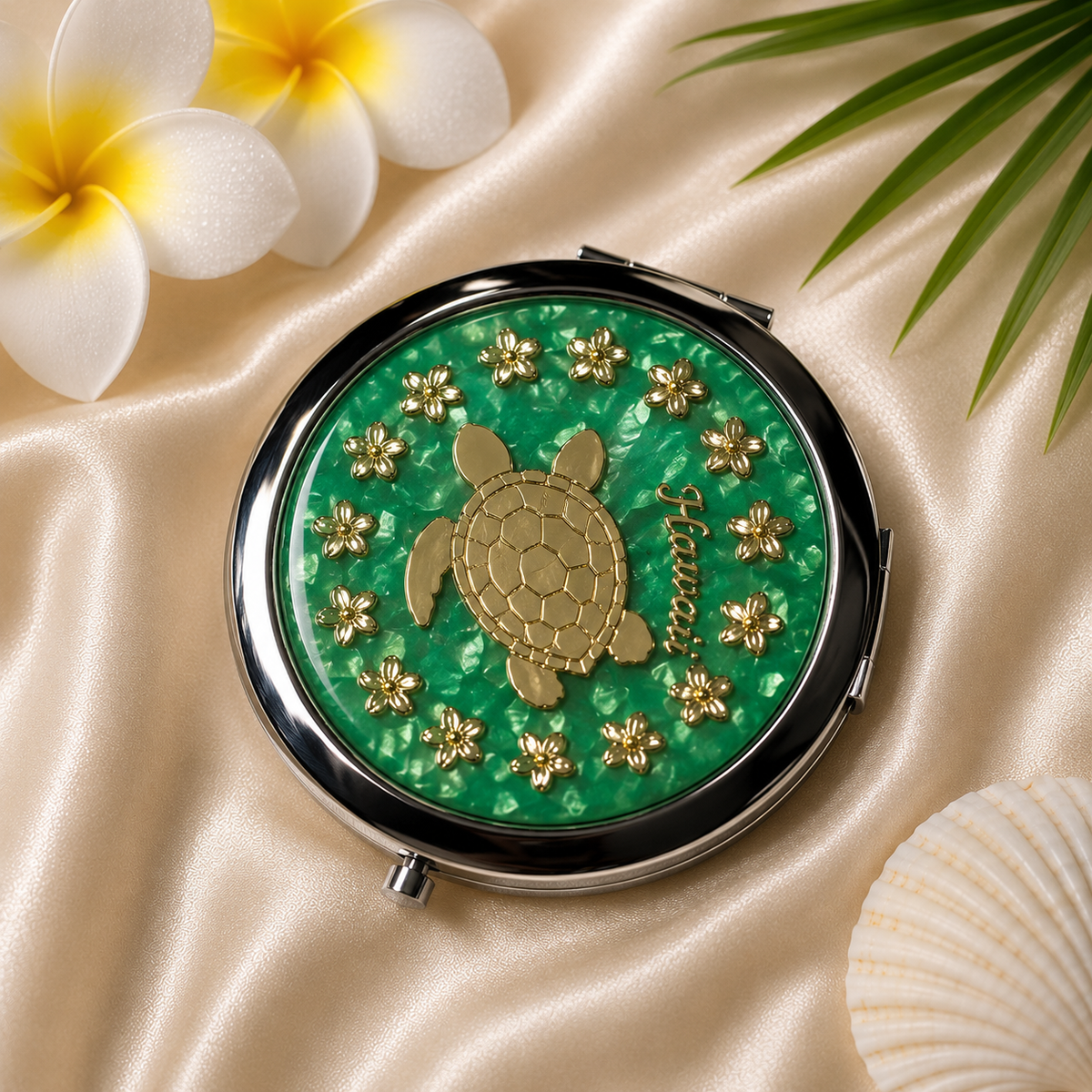 Hawaiian Gold Sea Turtle Compact Mirror with Green background – Elegant and Portable Makeup Mirror
