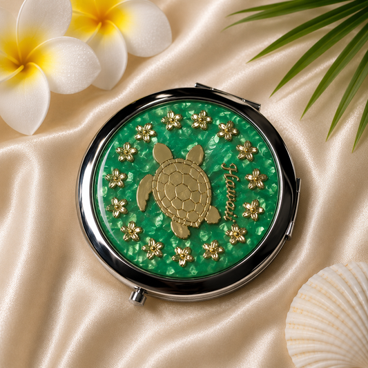 Hawaiian Gold Sea Turtle Compact Mirror with Green background – Elegant and Portable Makeup Mirror