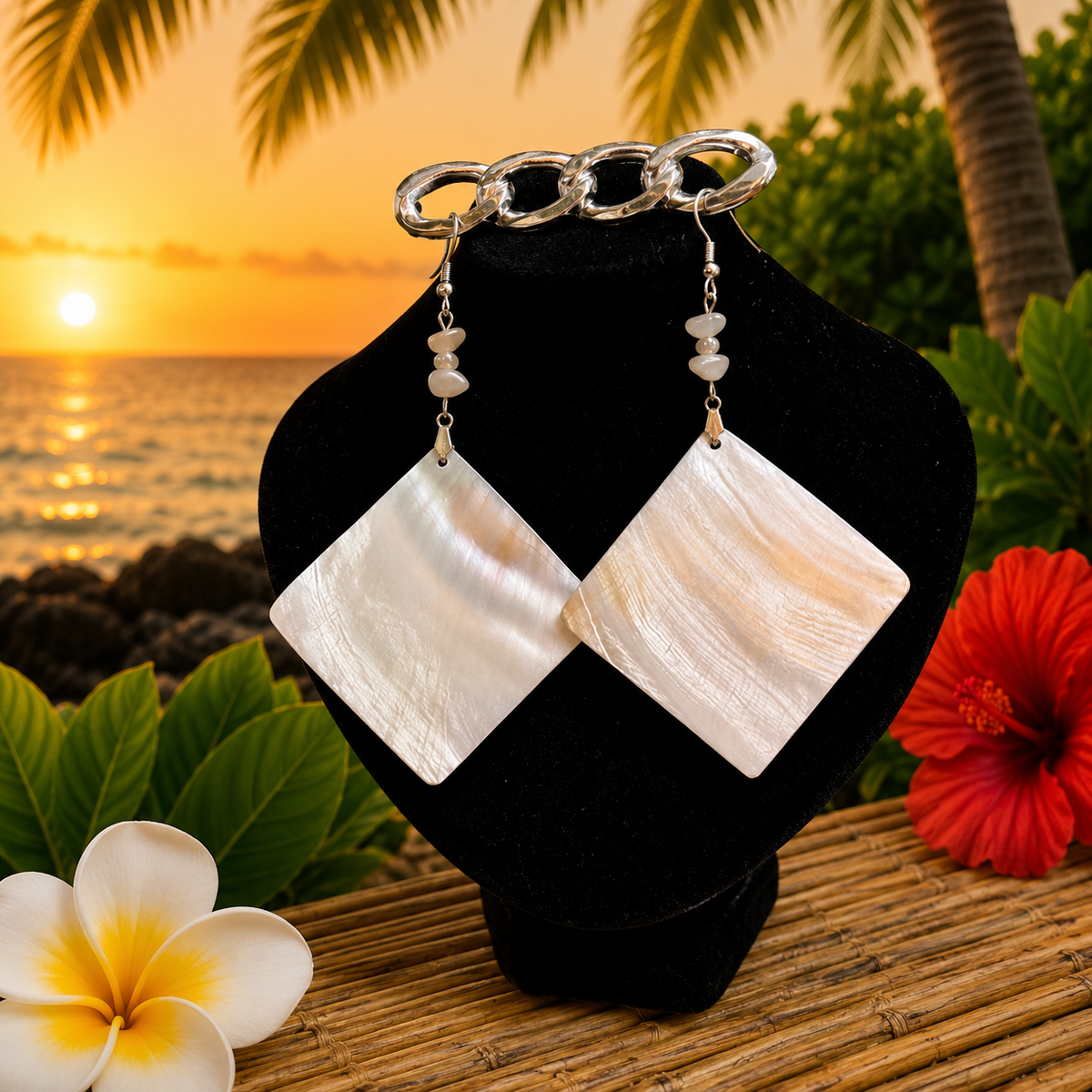 Hawaiian Jewelry White Square Shaped Shell Dangle Earrings with Stainless Steel Hooks
