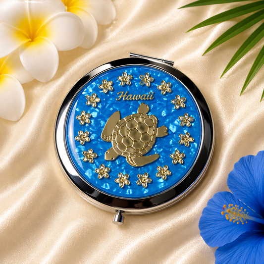 Hawaiian Gold Sea Turtle Compact Mirror with Blue background – Elegant and Portable Makeup Mirror
