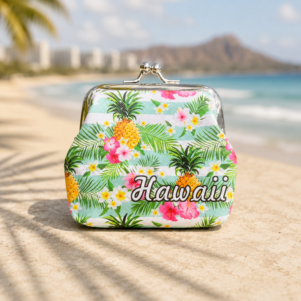 Hawaiian Flowers Canvas Mini Coin Purse, Makeup Bag, with Kiss Lock Buckle, Perfect Gift For Girls Women Daily Use