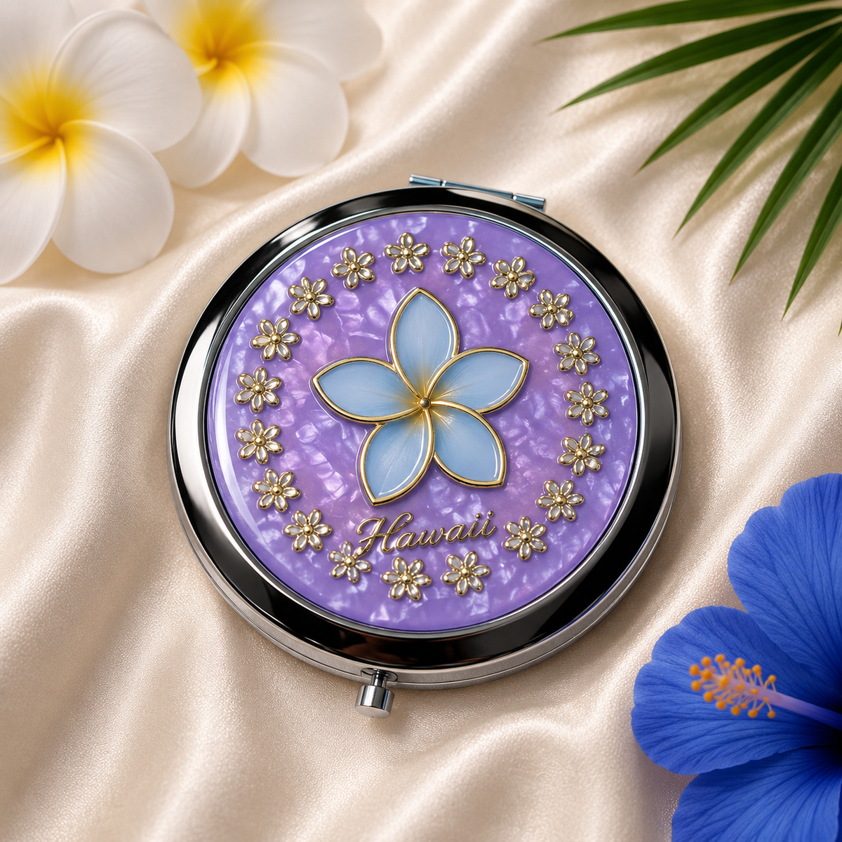 Hawaiian Blue and Golden Plumeria Compact Mirror with Purple Background – Elegant Pocket Makeup Mirror