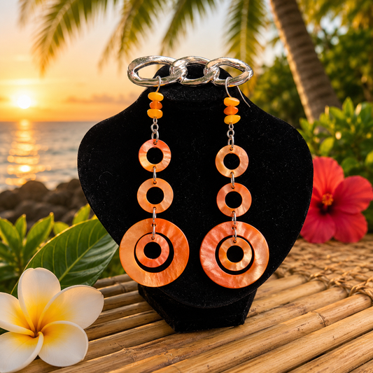 Hawaiian Jewelry Orange Multi Circle Stylish Long Dangle earrings with Stainless Steel Hooks