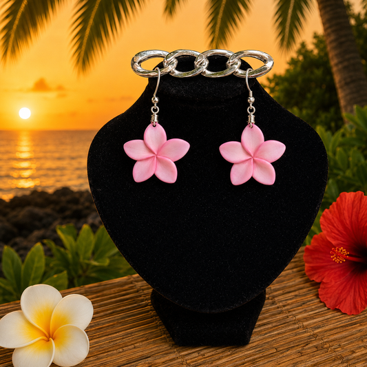 Hawaiian Jewelry Light Pink Plumeria Flower Shell Dangle Earrings with Stainless Steel Hooks