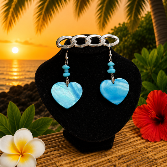 Hawaiian Jewelry Blue Heart Shaped Shell Dangle Earrings with Stainless Steel Hooks