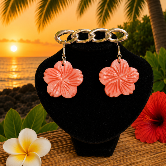 Hawaiian Jewelry Light Pink Hibiscus Flower Shell Dangle Earrings with Stainless Steel Hooks
