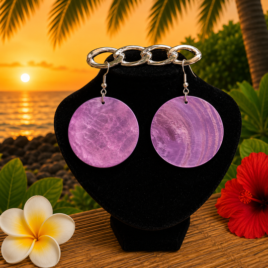 Hawaiian Jewelry Purple Circle Shell Dangle Earrings with Stainless Steel Hooks