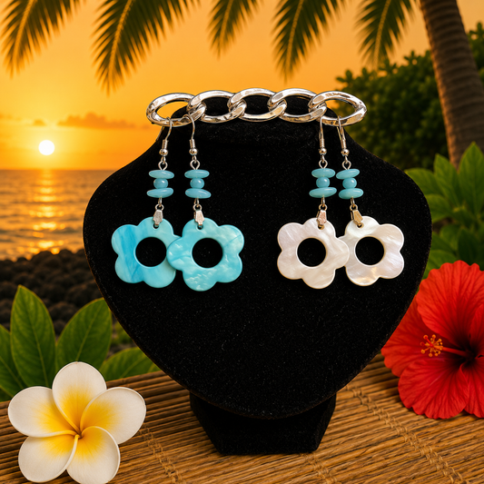 Hawaiian Jewelry Light Blue & White Shell Flower Shape Dangle Earrings with Stainless Steel Hooks