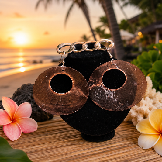 Hawaiian Jewelry Brown Circle Shell Dangle Earrings with Stainless Steel Hooks