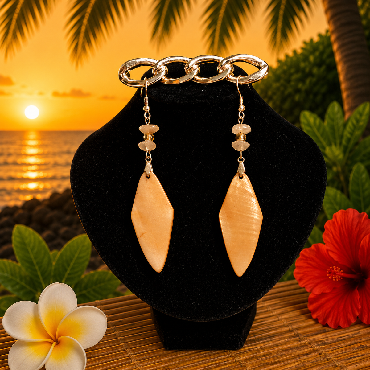 Hawaiian Jewelry White Diamond Shaped Shell Dangle Earrings with Stainless Steel Hooks