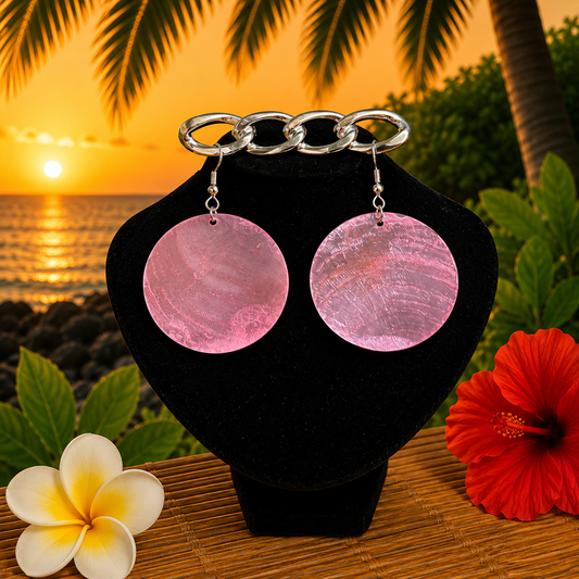Hawaiian Jewelry Light Purple Circle Shell Dangle Earrings with Stainless Steel Hooks