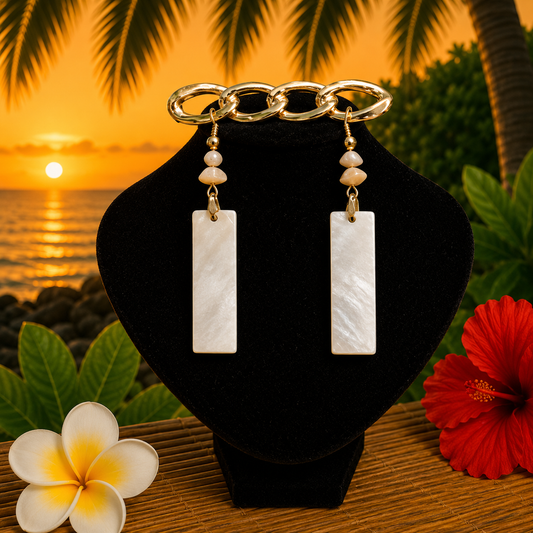 Hawaiian Jewelry White Rectangular Mother-of-Pearl Pendant Dangle Earrings with Stainless Steel Hooks
