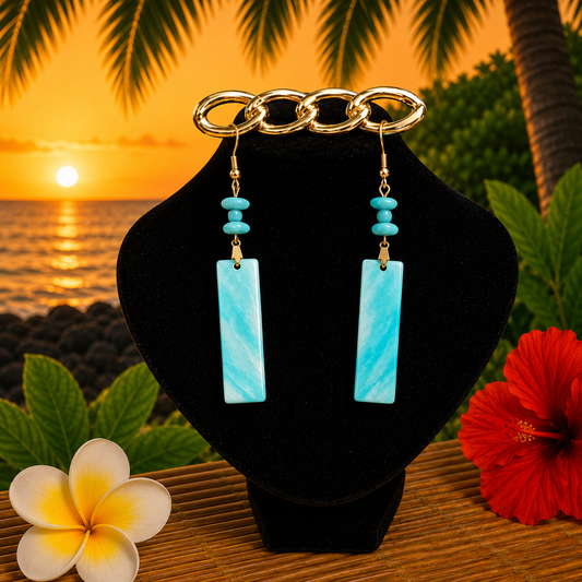 Hawaiian Jewelry Blue Rectangular Mother-of-Pearl Pendant Dangle Earrings with Stainless Steel Hooks