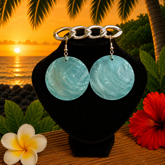 Hawaiian Jewelry Translucent Turquoise Circle Shell Dangle Earrings with Stainless Steel Hooks