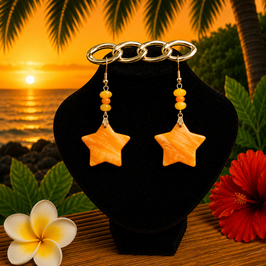 Hawaiian Jewelry Orange Star Shaped Shell Dangle Earrings with Stainless Steel Hooks