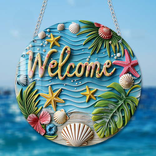 Starfish and Seashell Plaque Style 2, Welcome Sign, Summer Sign, Home Decoration, Front Door Decoration