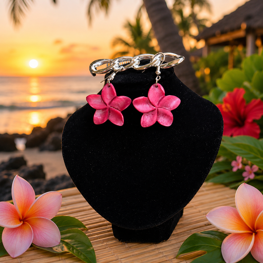 Hawaiian Jewelry Pink Plumeria Flower Shell Dangle Earrings with Stainless Steel Hooks