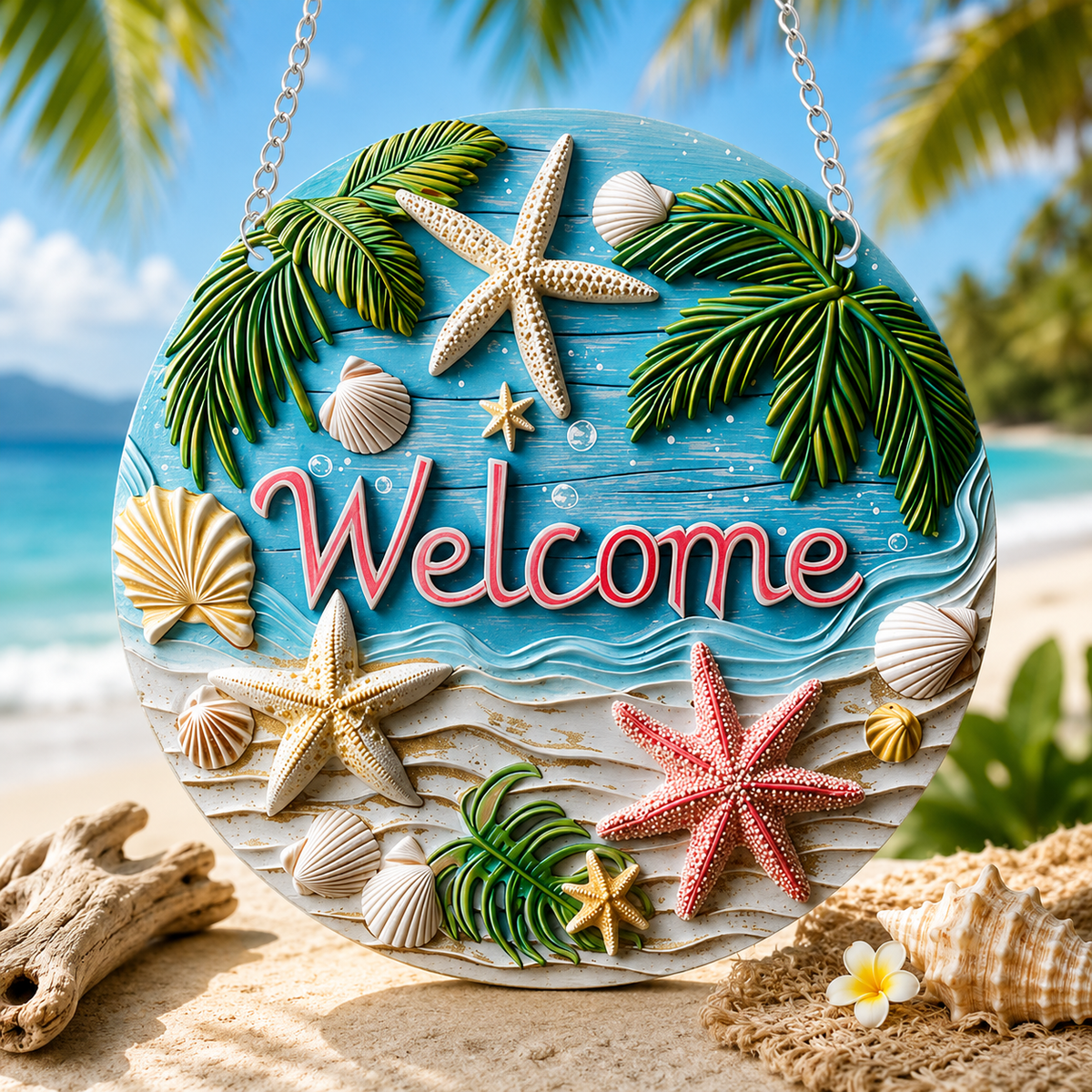 Starfish and Seashell Plaque Style 1, Welcome Sign, Summer Sign, Home Decoration, Front Door Decoration