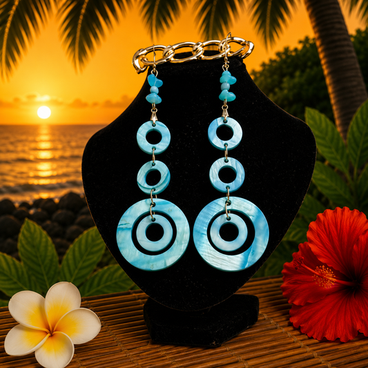 Hawaiian Jewelry Blue Multi Circle Stylish Long Dangle earrings with Stainless Steel Hooks