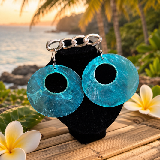 Hawaiian Jewelry Blue Circle Shell Dangle Earrings with Stainless Steel Hooks