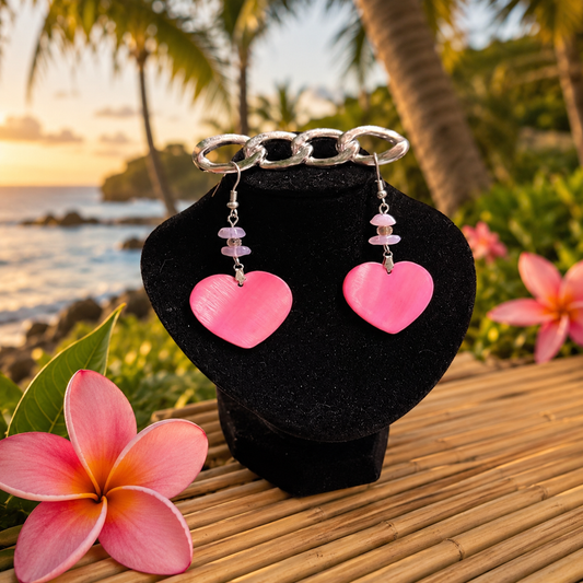 Hawaiian Jewelry Pink Heart Shaped Shell Dangle Earrings with Stainless Steel Hooks