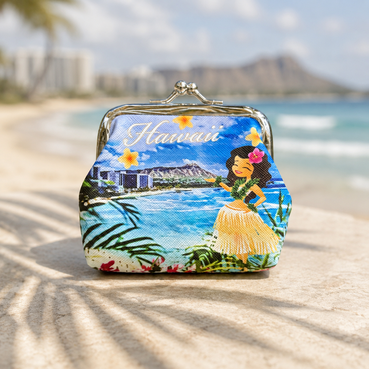 Hawaiian Flowers Canvas Mini Coin Purse, Makeup Bag, with Kiss Lock Buckle, Perfect Gift For Girls Women Daily Use