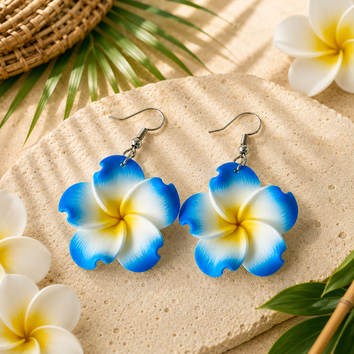 Blue Plumeria Flower Drop Earrings