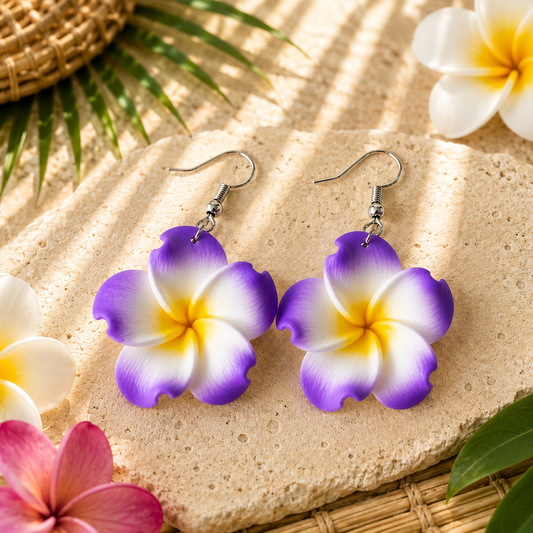 Purple Plumeria Flower Drop Earrings