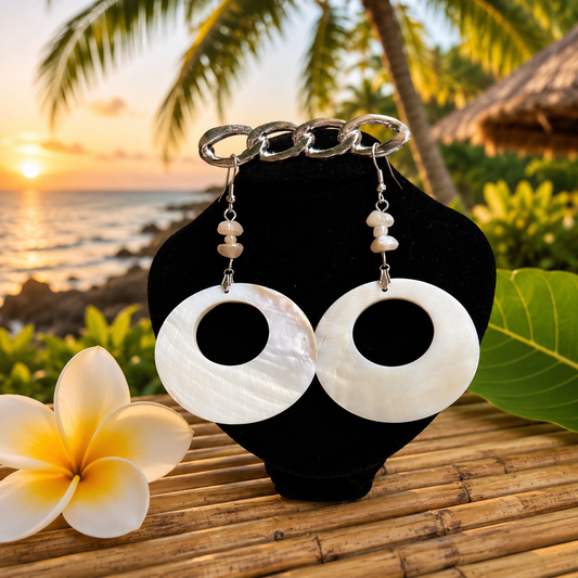 Hawaiian Jewelry White Circle Shell Dangle Earrings with Stainless Steel Hooks
