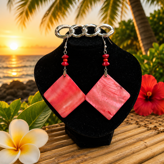 Hawaiian Jewelry Pink Square Shaped Shell Dangle Earrings with Stainless Steel Hooks