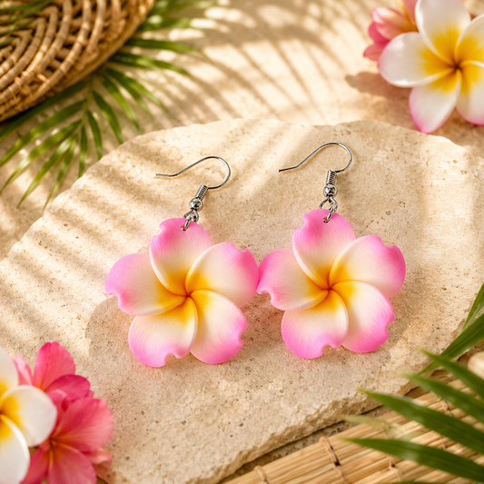 Pink Plumeria Flower Drop Earrings