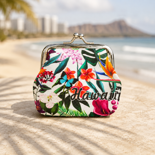 Hawaiian Flowers Canvas Mini Coin Purse, Makeup Bag, with Kiss Lock Buckle, Perfect Gift For Girls Women Daily Use